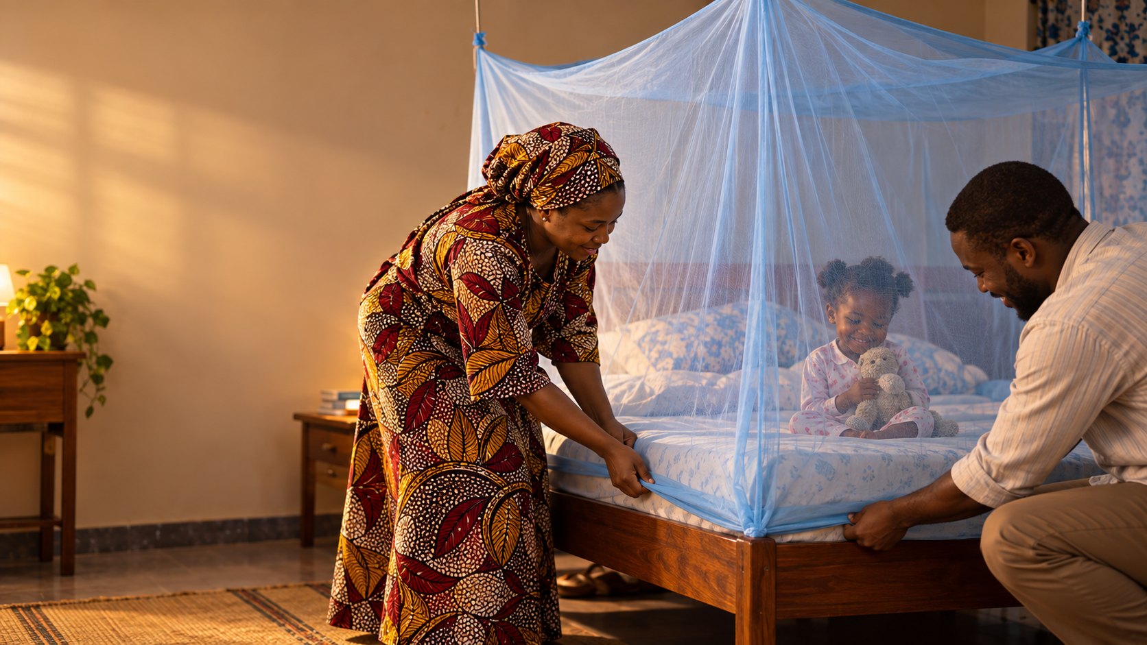 Mother and child under a mosquito net